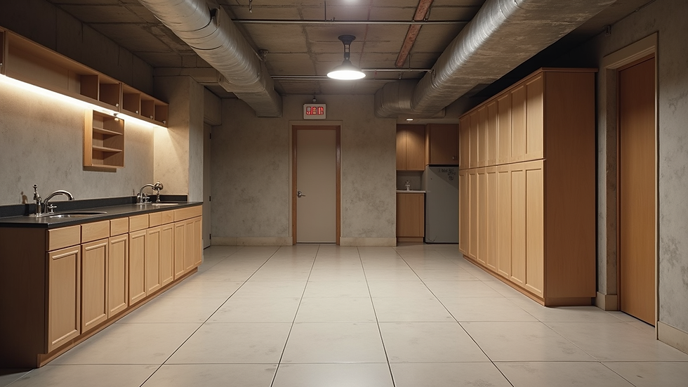 Wide angle view of a basement with built-in storage and open floor plan