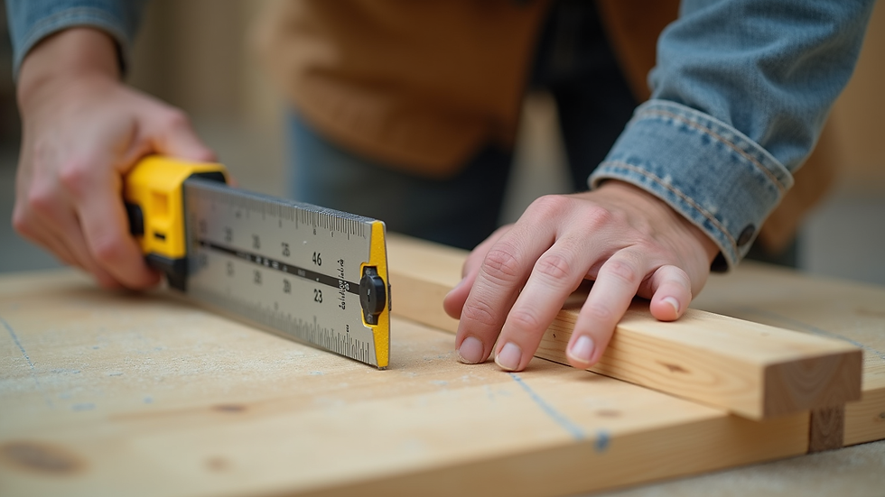 Close-up view of a carpenter measuring and cutting wood for luxury home framing