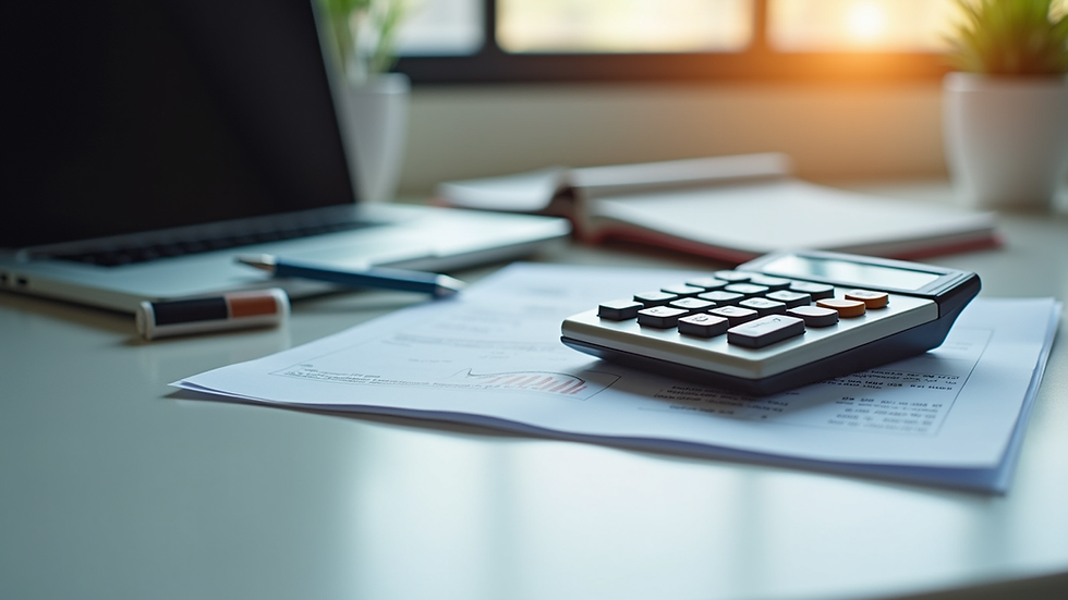 Close-up view of a calculator and financial documents on a desk