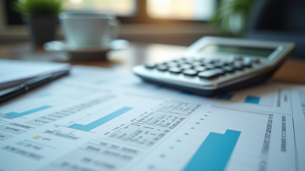 Close-up view of a calculator and financial documents on a desk