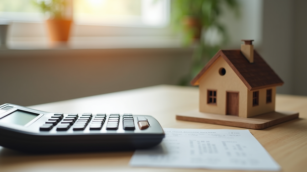 Eye-level view of a desk with mortgage documents and calculator