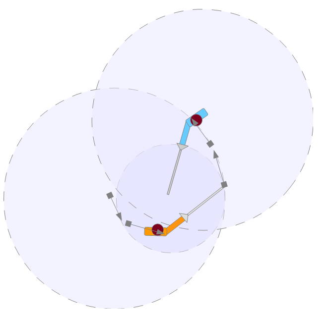 Figure 11: As before, but before orange could hit, blue fencer has moved diagonally backwards to get back to middle distance. Blue fencer could have also taken a single step backwards.
