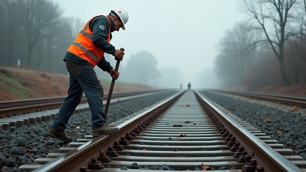 Nahaufnahme eines Gleisbauprojekts mit einem Arbeiter, der Schienen verlegt