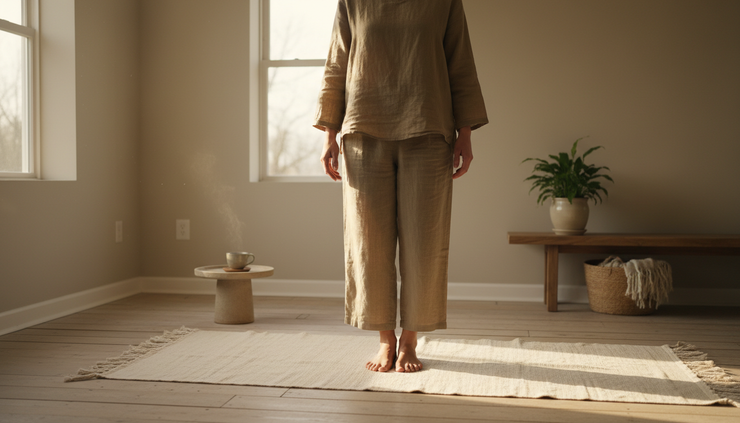 Wide-angle view of a quiet room with a person standing barefoot on a mat near a window.
