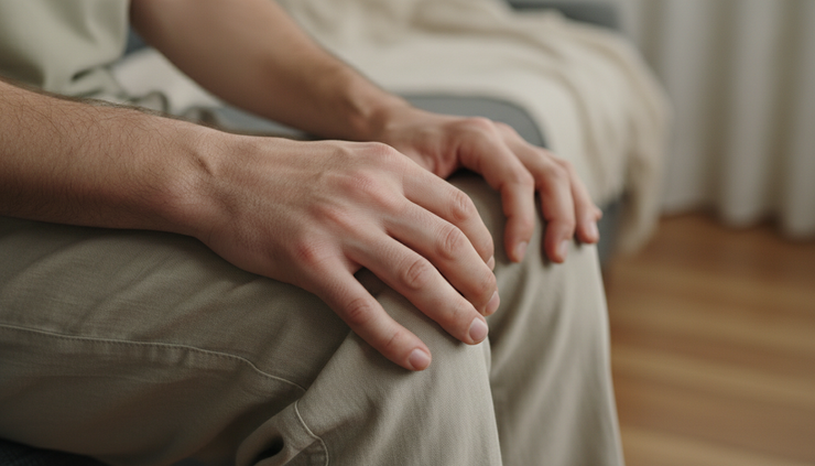 Close-up view of tense hands resting on folded knees.