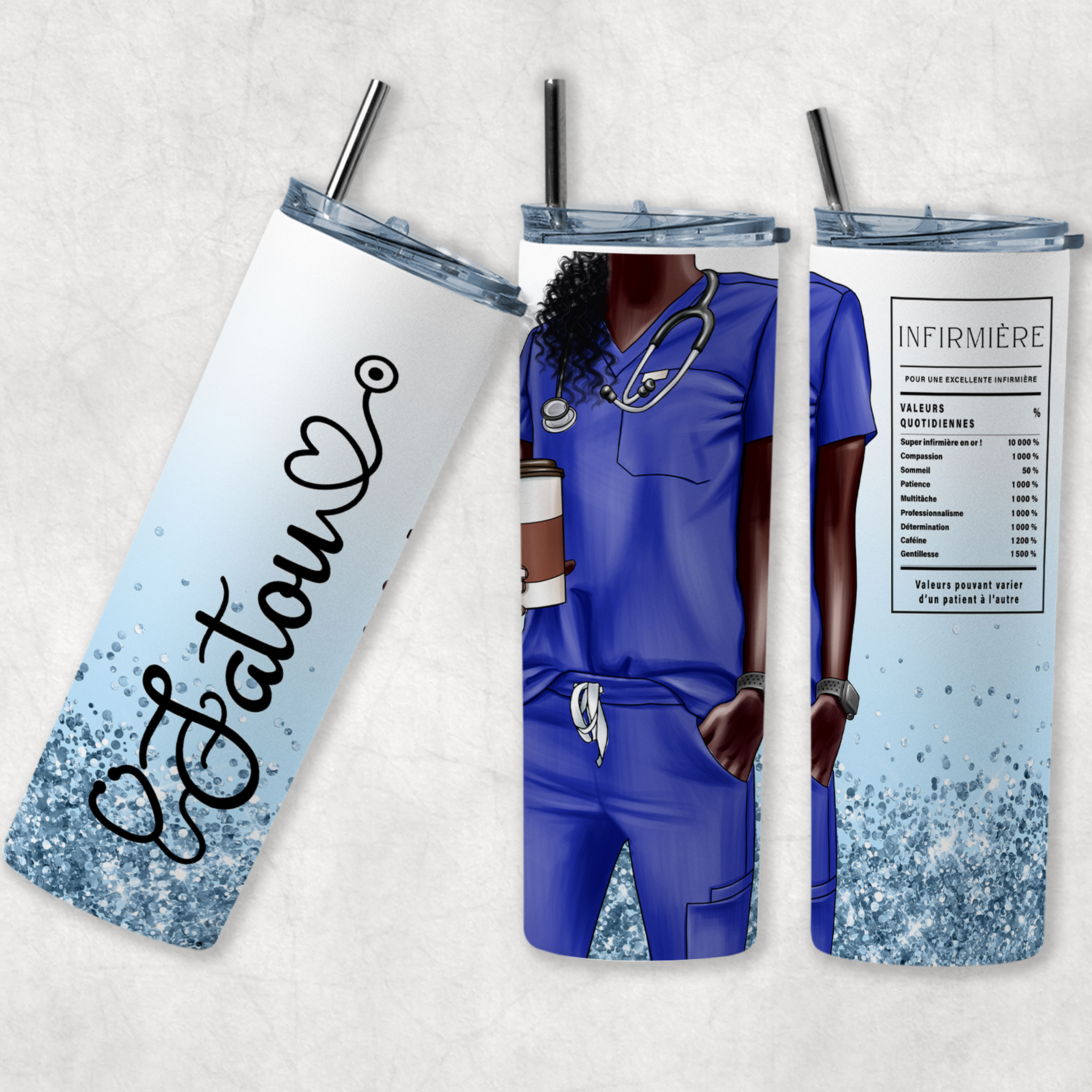 Tumbler avec paille en inox blouse bleu cadeau pour infirmière 600 ml isotherme personnalisable