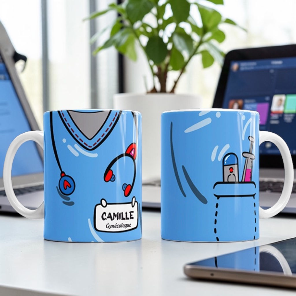 Mug en céramique de couleur bleu avec une illustration représentant une blouse de médecin et un stéthoscope