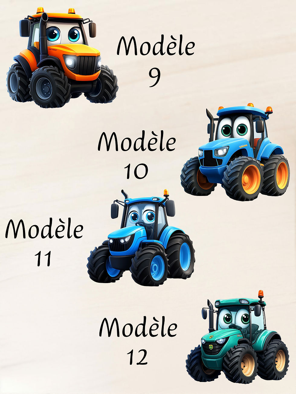 Miniature : Quatre tracteurs de dessin animé avec de gros pneus noirs et une carrosserie orange, chacun doté d'yeux expressifs