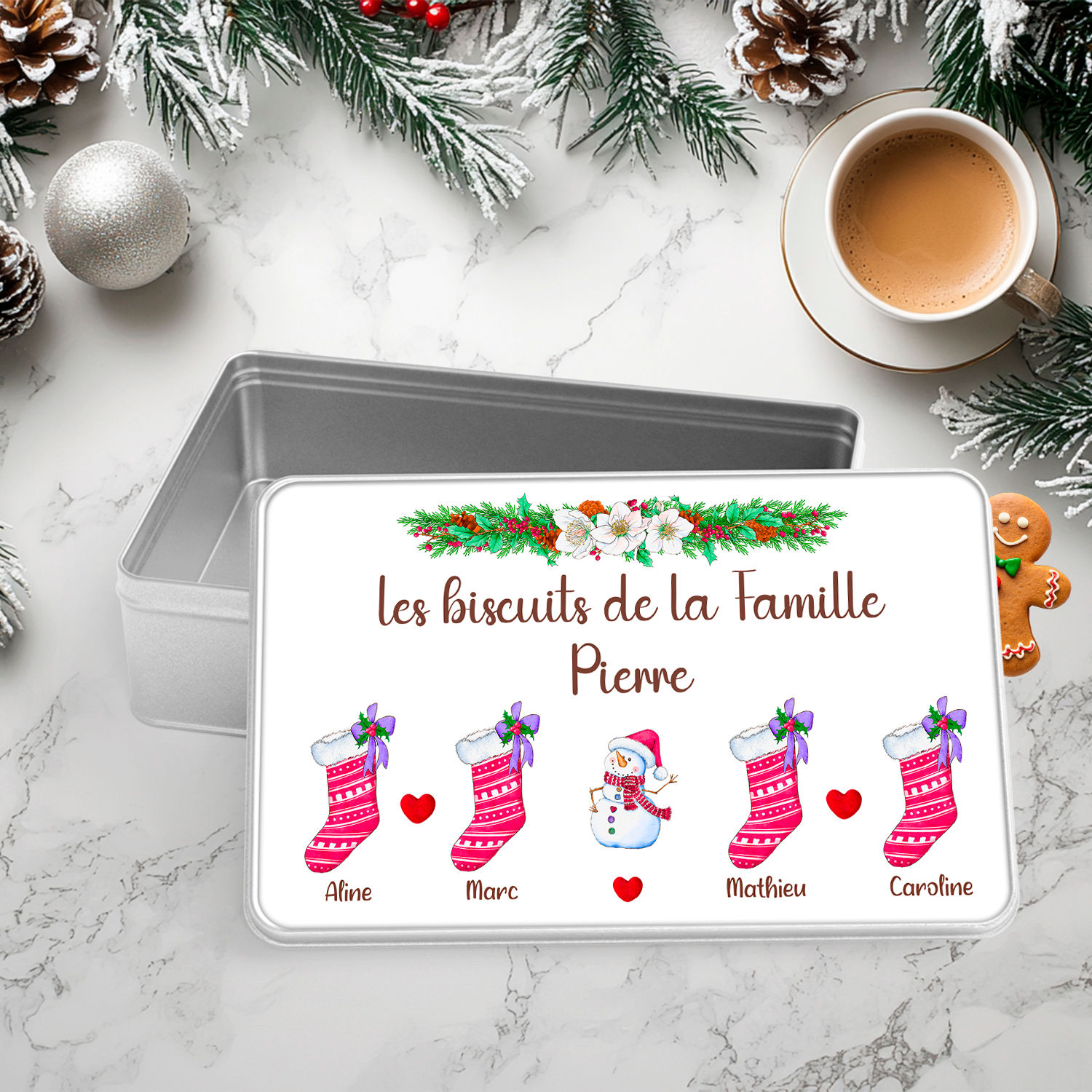 Boîte à biscuits Chaussettes de Noël à personnaliser cadeau famille papa maman mamie marraine nounou tonton papy