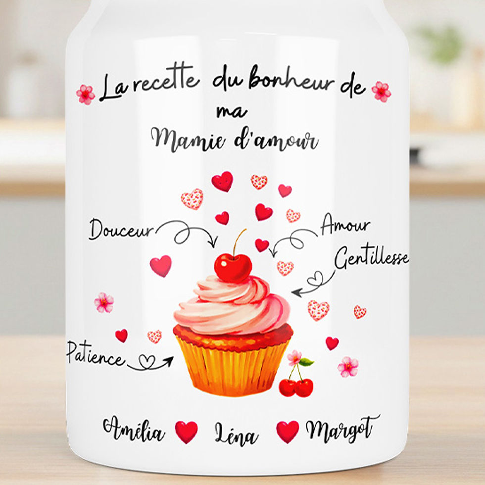 Miniature : Photo d'un pot à biscuit en céramique blanc avec un couvercle rond en bois avec le dessin d'un muffin