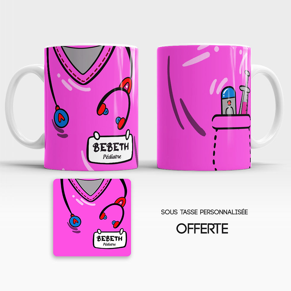 Mug en céramique de couleur fuchsia avec une illustration représentant une blouse de médecin et un stéthoscope