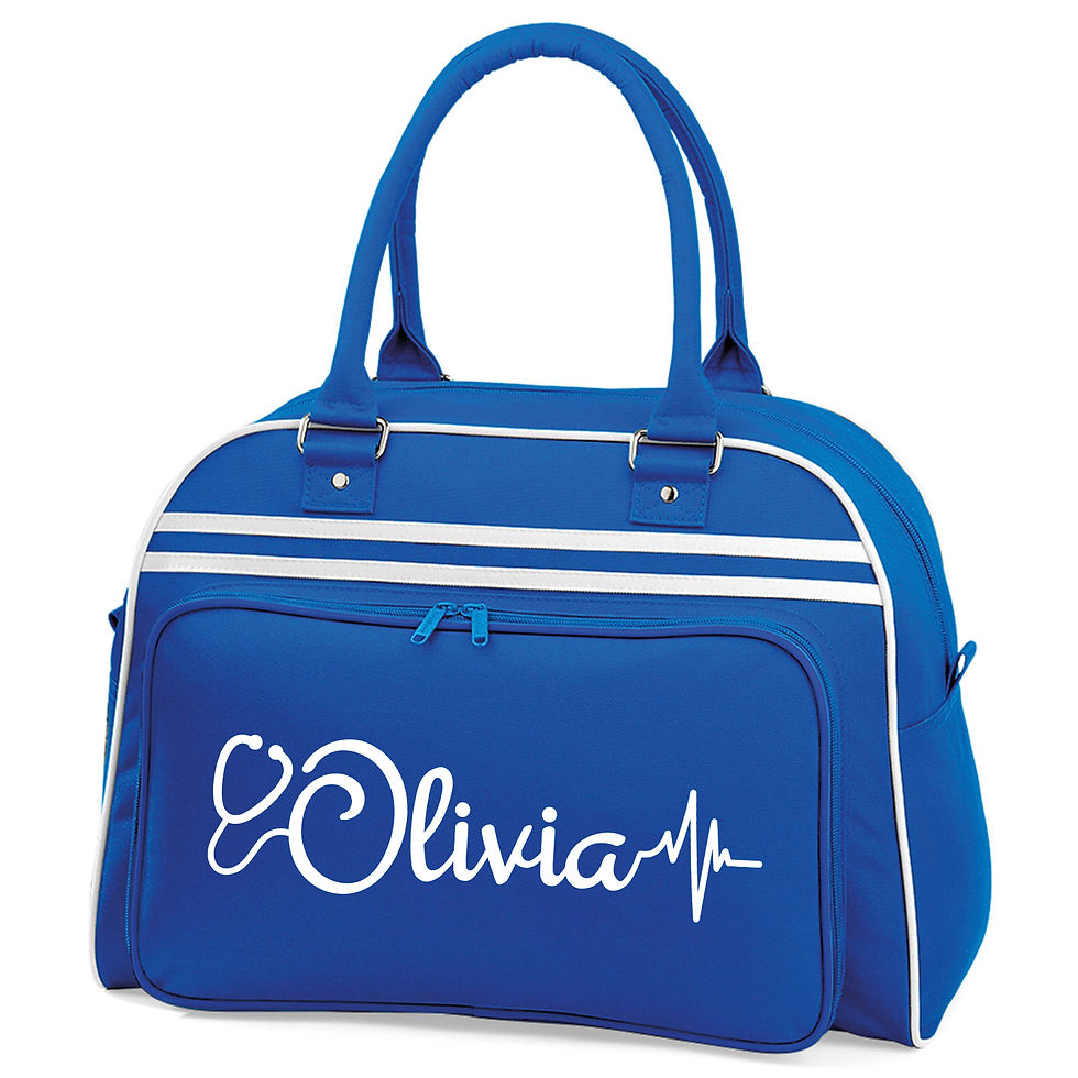 Sac de bowling rétro bleu et blanc prénom à personnaliser cadeau pour infirmière aide soignante médecin docteur