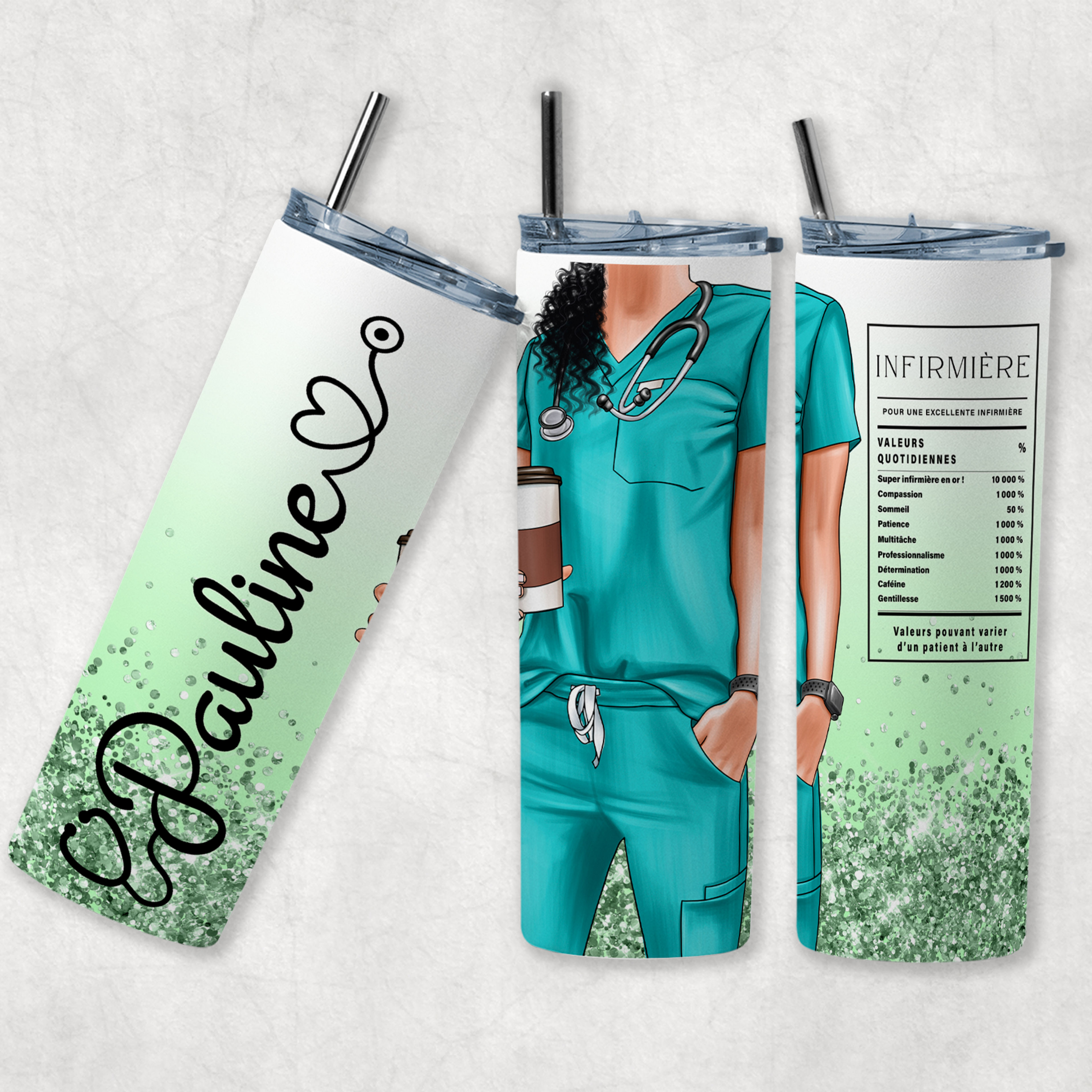 Tumbler avec paille en inox blouse verte cadeau pour infirmière 600 ml isotherme personnalisable
