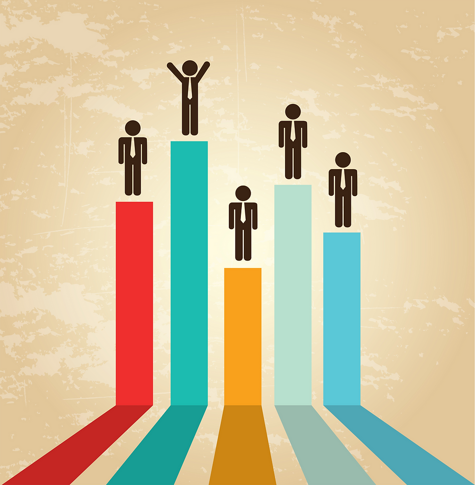 Silhouettes of people on colorful bar graph columns with a vintage beige background. One figure raises arms, conveying triumph.
