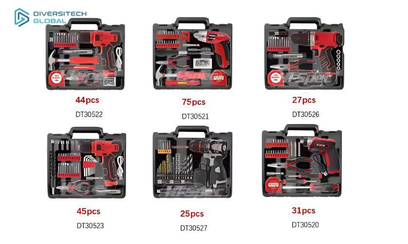 Six toolkits with various tools inside black cases; red accents. Text: "Diversitech Global," with set counts and model numbers below each.