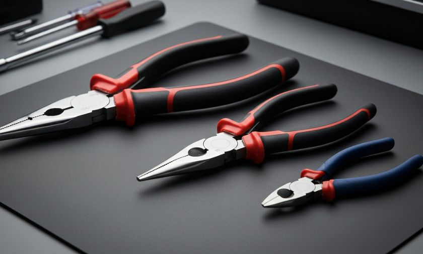 Three pliers in varying sizes lie on a dark surface, featuring red and blue handles. Background includes screwdrivers, creating a tool-themed setting.