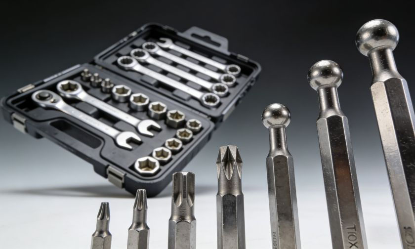Tool set with wrenches and bits in an open black case. Metallic screwdriver bits stand in foreground on a white surface, gray gradient background.