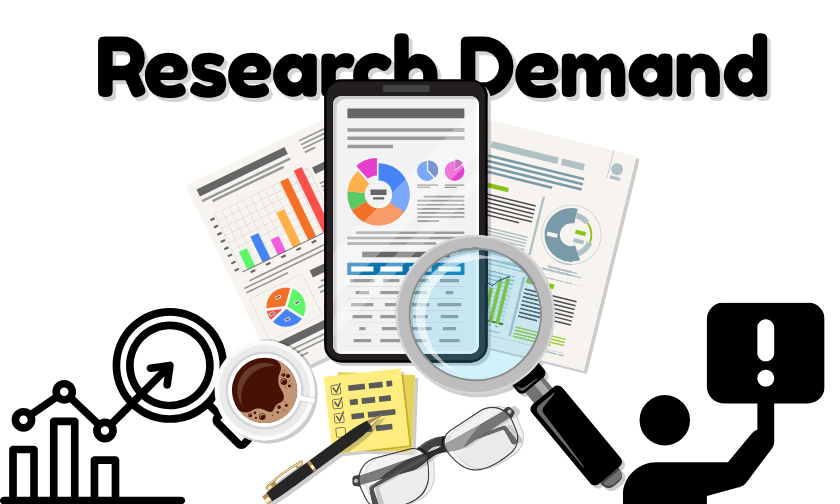 Research materials, charts, graphs, tablet, and magnifying glass on a white background. Text reads "Research Demand," suggesting data analysis.