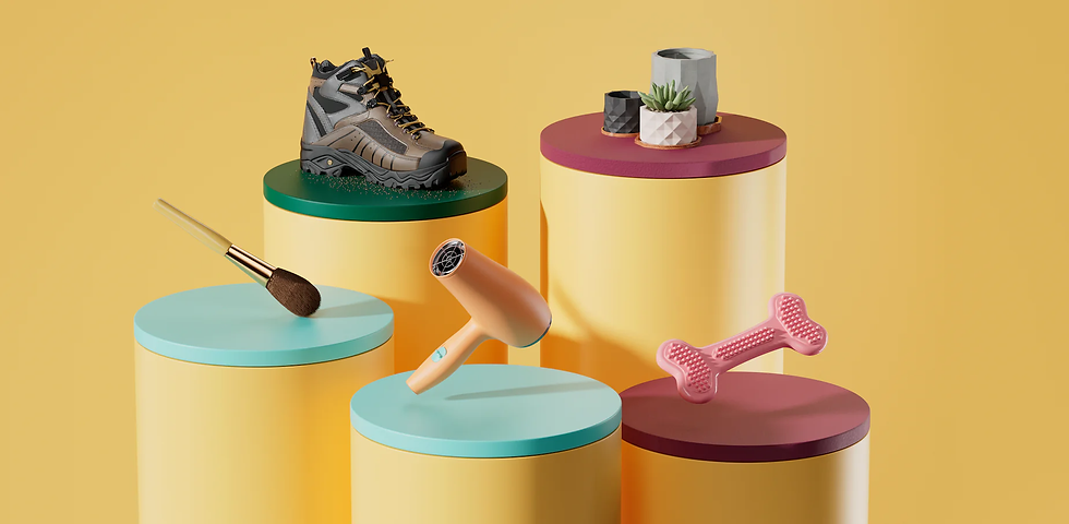 Various objects on colored pedestals: a boot, makeup brush, hairdryer, pink bone toy, and succulent pots. Yellow background. Playful setup.
