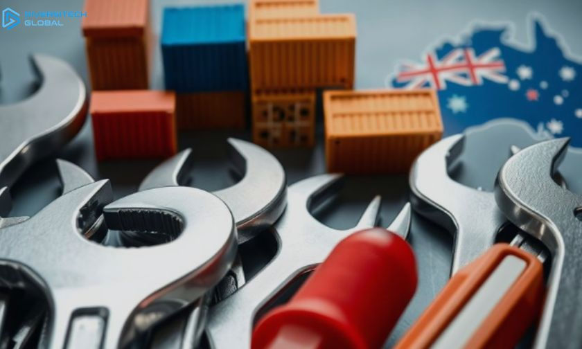 Wrenches and tools with colorful shipping containers on a map featuring the Australian flag. Logo text: "Supply Tech Global."