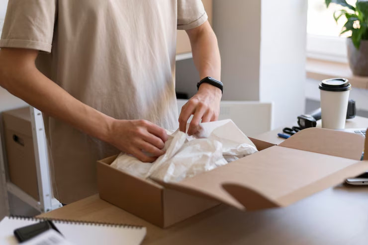 Person in beige shirt packing a cardboard box with paper, on a desk with a coffee cup and notebook. Indoor setting, natural light.