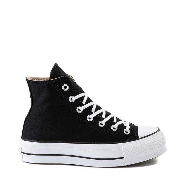 Black high-top sneaker with white laces and thick sole, isolated on a white background. The sneaker has a classic, casual design.