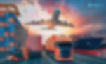 Plane flying over a busy shipping port with orange trucks, containers, and a forklift. Cargo ship on right. Sky is sunset-colored. Text: Diversitech Global.