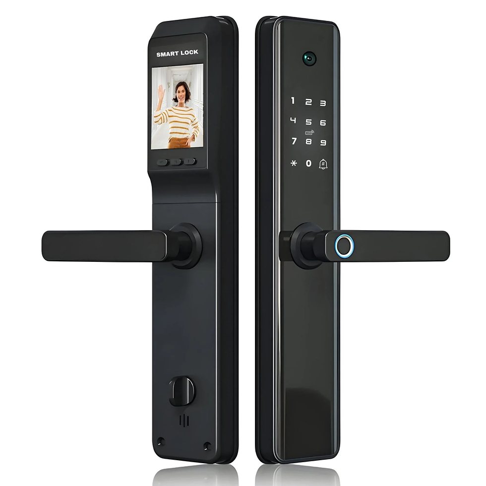 Smart lock with digital display showing a woman waving. Black design with touchscreen keypad. Modern tech vibe, no visible text.
