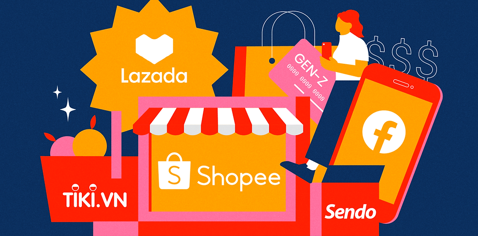 Bold illustration of e-commerce platforms Lazada, Shopee, Tiki.vn, and Sendo. A person holding a phone with a Gen-Z card in vibrant colors.