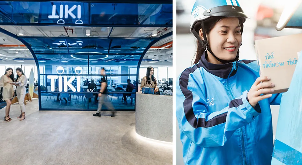 Office with blue TIKI branding and people walking. Right: Woman in blue uniform smiling, handling a package marked "TIKINOW".