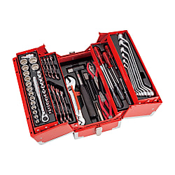 Red toolbox open, revealing organized tools: wrenches, sockets, pliers. Tools neatly arranged on black interiors, conveying readiness and precision.