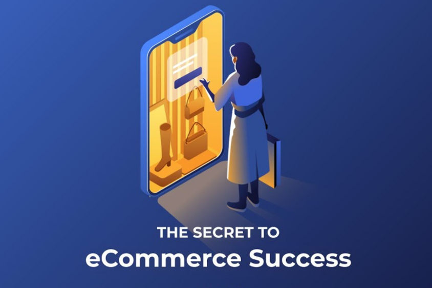 Woman interacts with giant smartphone displaying boots and bags. Blue background. Text: The Secret to eCommerce Success.
