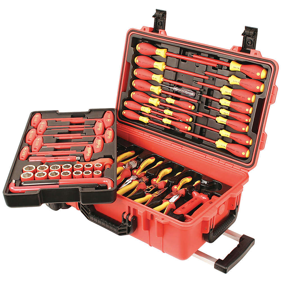 Open red toolbox filled with various insulated tools, including screwdrivers and wrenches. Tools are arranged neatly in slots.