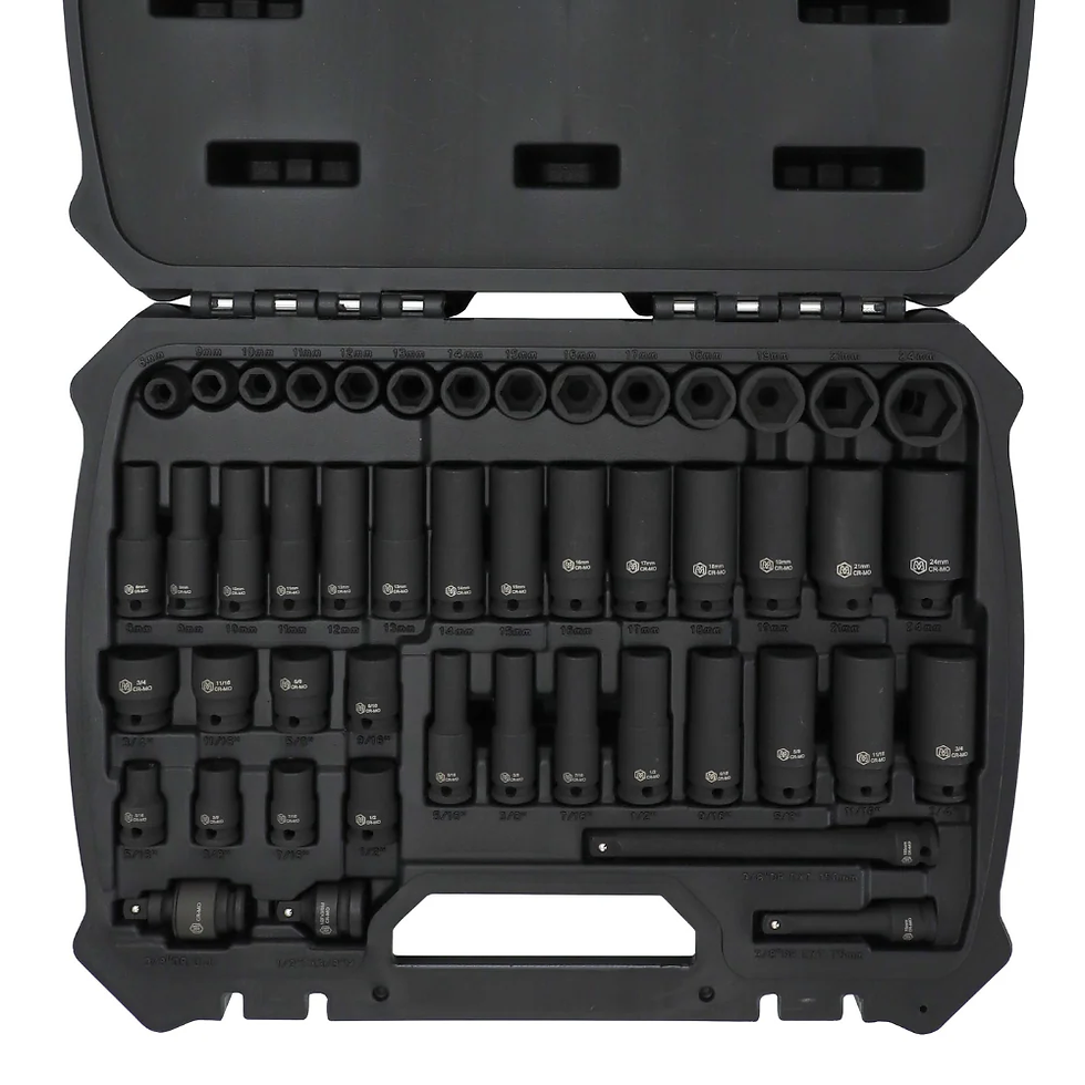 Black tool kit with various socket sizes neatly arranged in a hard case. Sockets labeled with measurements.