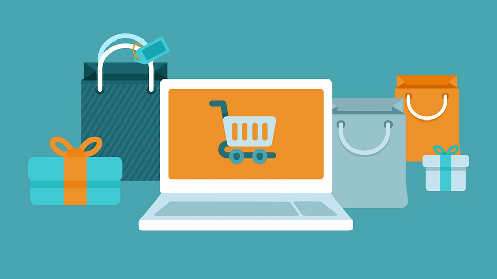 Laptop with a shopping cart icon on screen, surrounded by colorful shopping bags and gifts on a teal background, suggesting online shopping.