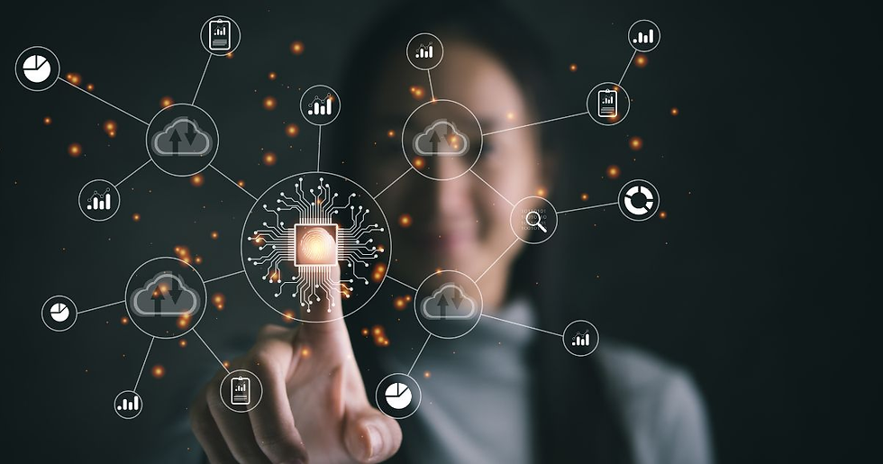 A person touches a digital interface with connected network icons, including graphs and clouds. The background is dark with glowing dots.