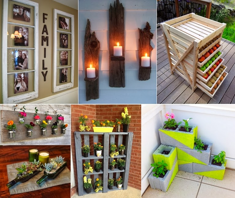 Collage of DIY decor: photo frames with "FAMILY", candles on wood, wooden crates with fruits, flower planters on pallets and cinder blocks.
