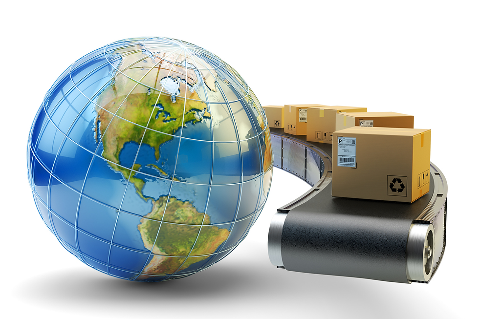 Globe beside a conveyor belt with brown packages. Packages have labels and recycling symbols, suggesting global shipping and logistics.