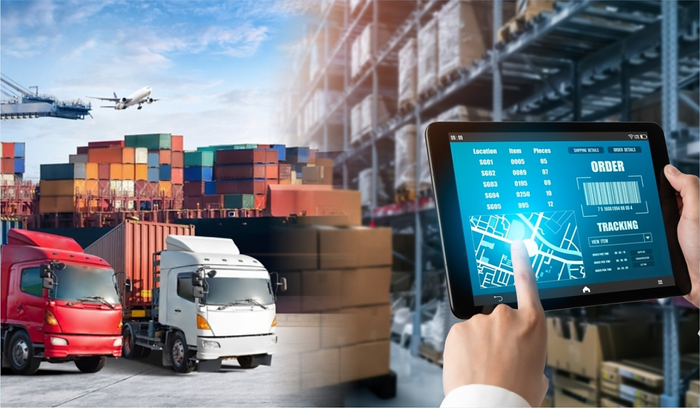 Planes, trucks, and containers in a shipping yard. A hand uses a tablet showing order tracking and a map, indicating logistics management.