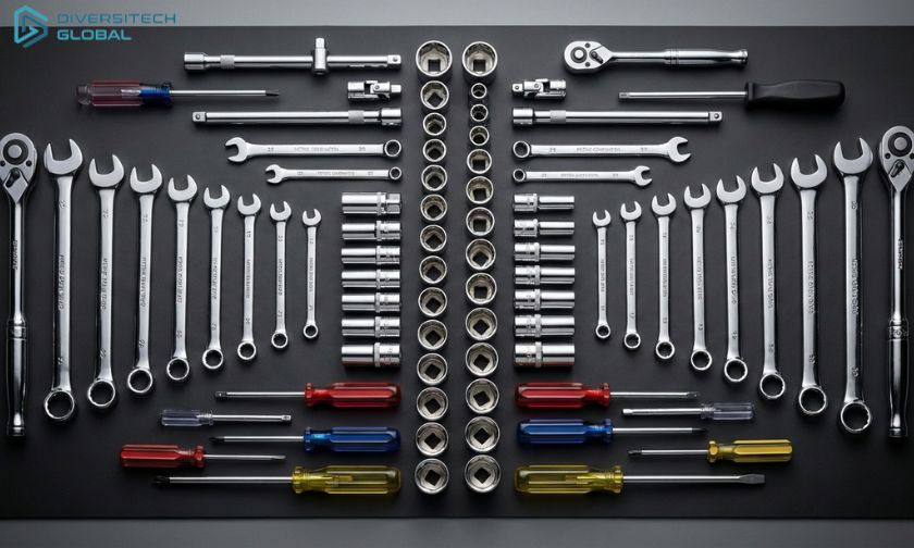 Neatly arranged tools on a black surface, including wrenches, sockets, and screwdrivers. "DIVERSITECH GLOBAL" text in the top left.