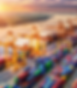 Cargo port at sunset with vibrant containers, yellow cranes, and a river backdrop. Calm and industrious atmosphere.