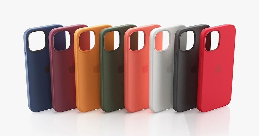 Nine colorful phone cases are lined up in a gradient on a white background, showcasing blue, red, orange, green, gray, and red hues.