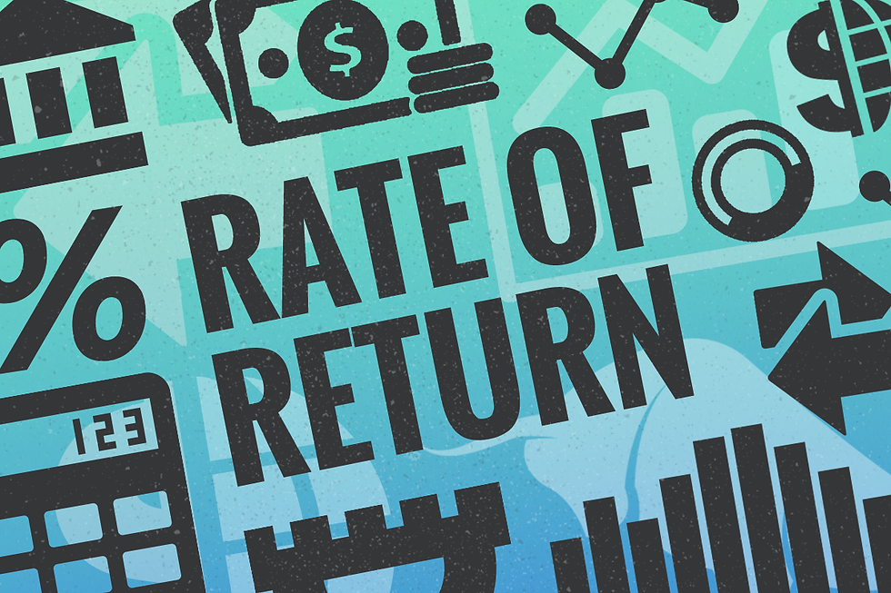 Blue-green background with financial icons and graphs. Bold text reads RATE OF RETURN, with dollar symbols and a calculator.