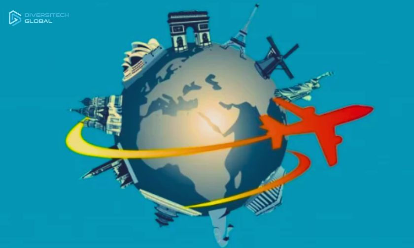 A globe with famous landmarks, a red airplane circling in yellow and orange trails. Blue background with "Diversitech Global" text.