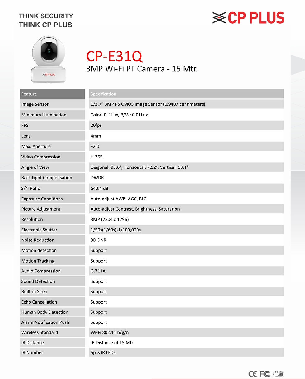 Thumbnail: CP-E31Q NEW
3MP Wi-Fi PT Camera - 15 Mtr