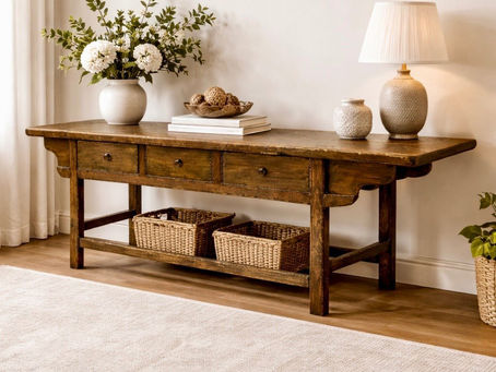 Antique wood console table styled with vintage home decor