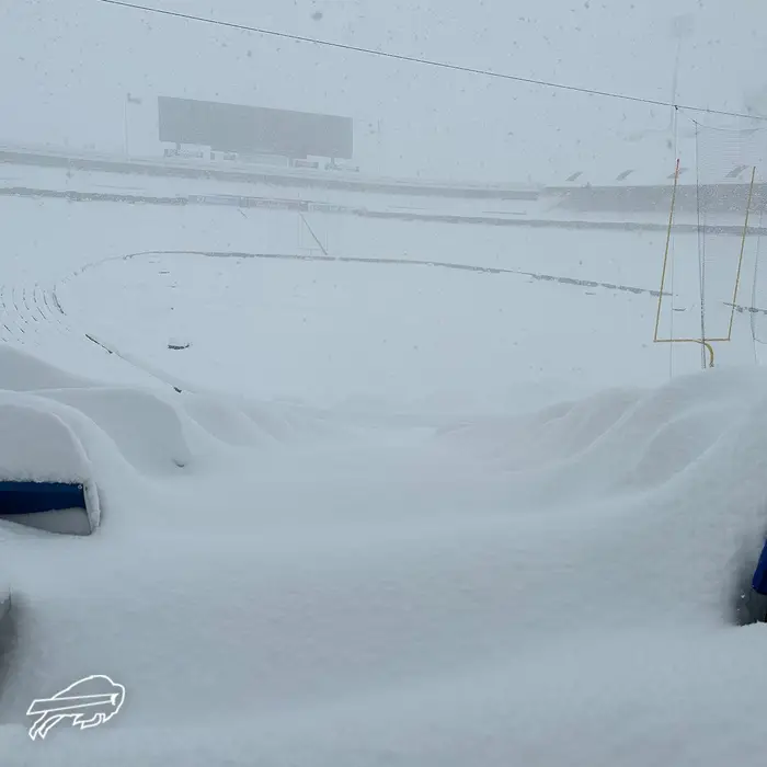 Highmark stadium covered in show volunteers help clear for Bills vs Steelers playoffs game