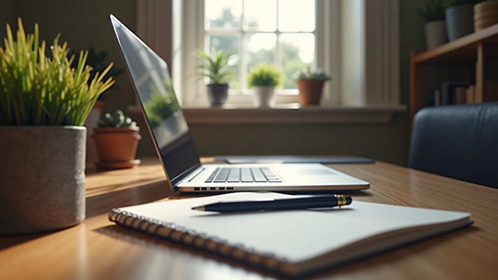Eye-level view of a cozy home office with a laptop and notebook ready for a coaching call