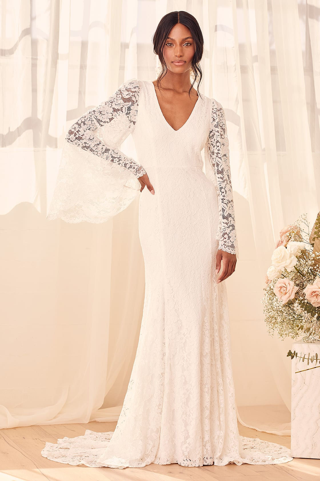 Boho Long Sleeved Lace Gown