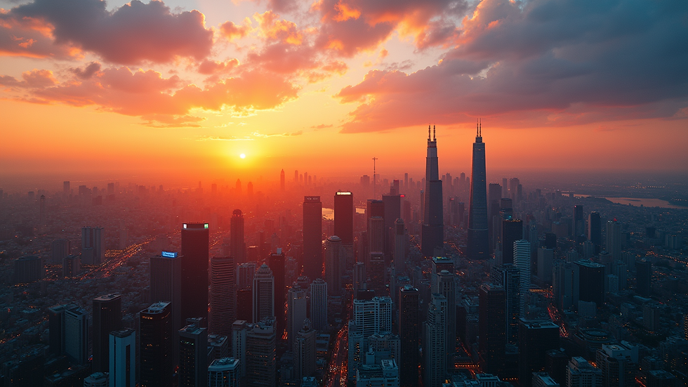 Eye-level view of a vibrant city skyline at sunset